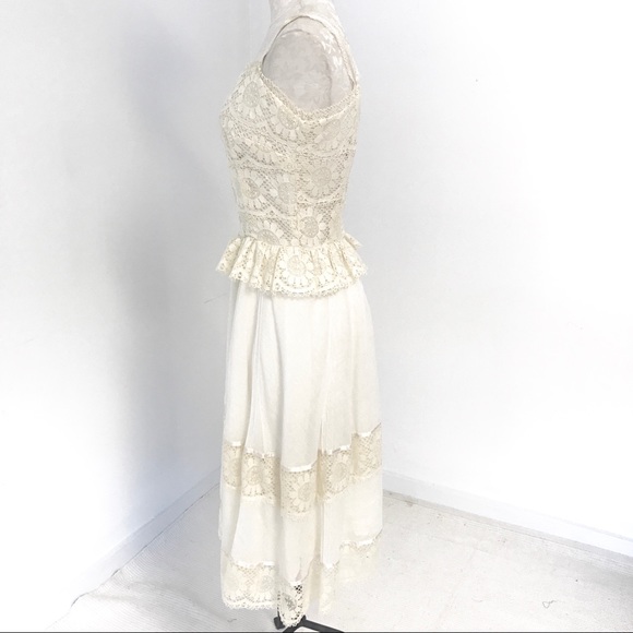 70s Vintage S/M Boho Floral Lace Midi Dress Cream - Picture 5 of 13